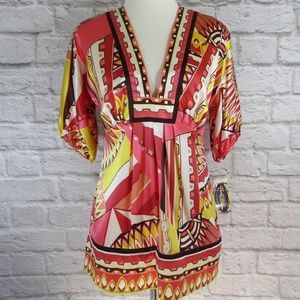Hale Bob multicolored 70’s vibe silk tunic NWT